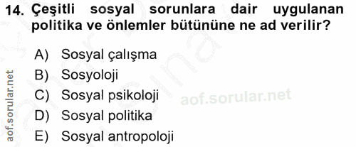 14. soru: Çeşitli sosyal sorunlara dair uygulanan politika ve önlemler bütününe ne ad verilir? A) Sosyal çalışma B) Sosyoloji C…