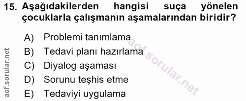 15. soru: Aşağıdakilerden hangisi suça yönelen çocuklarla çalışmanın aşamalarından biridir? A) Problemi tanımlama B) Tedavi pla…