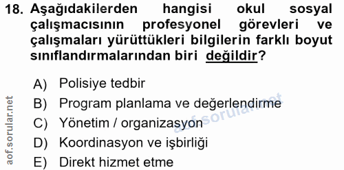 18. soru: Aşağıdakilerden hangisi okul sosyal çalışmacısının profesyonel görevleri ve çalışmaları yürüttükleri bilgilerin farkl…