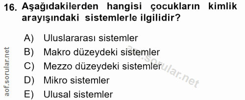 16. soru: Aşağıdakilerden hangisi çocukların kimlik arayışındaki sistemlerle ilgilidir? A) Uluslararası sistemler B) Makro düze…