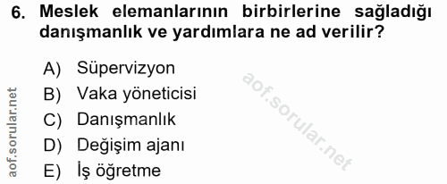 6. soru: Meslek elemanlarının birbirlerine sağladığı danışmanlık ve yardımlara ne ad verilir? A) Süpervizyon B) Vaka yöneticis…