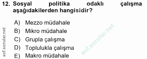 12. soru: Sosyal politika odaklı çalışma aşağıdakilerden hangisidir? A) Mezzo müdahale B) Mikro müdahale C) Grupla çalışma D) T…