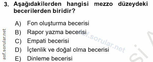 3. soru: Aşağıdakilerden hangisi mezzo düzeydeki becerilerden biridir? A) Fon oluşturma becerisi B) Rapor yazma becerisi C) Em…