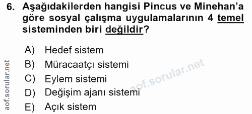 6. soru: Aşağıdakilerden hangisi Pincus ve Minehan'a göre sosyal çalışma uygulamalarının 4 temel sisteminden biri değildir? A)…