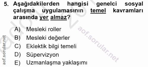 5. soru: Aşağıdakilerden hangisi genelci sosyal çalışma uygulamasının temel kavramları arasında yer almaz? A) Mesleki roller B…