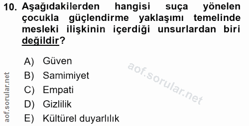 10. soru: Aşağıdakilerden hangisi suça yönelen çocukla güçlendirme yaklaşımı temelinde mesleki ilişkinin içerdiği unsurlardan b…