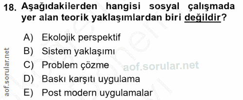 18. soru: Aşağıdakilerden hangisi sosyal çalışmada yer alan teorik yaklaşımlardan biri değildir? A) Ekolojik perspektif B) Sist…