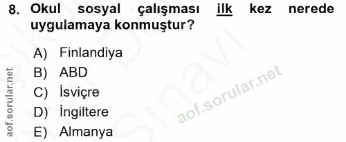 8. soru: Okul sosyal çalışması ilk kez nerede uygulamaya konmuştur? A) Finlandiya B) ABD C) Isviçre D) Ingiltere E) Almanya