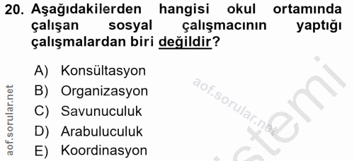 20. soru: Aşağıdakilerden hangisi okul ortamında çalışan sosyal çalışmacının yaptığı çalışmalardan biri değildir? A) Konsültasy…