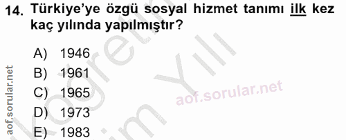 14. soru: Türkiye'ye özgü sosyal hizmet tanımı ilk kez kaç yılında yapılmıştır? A) 1946 B) 1961 C) 1965 D) 1973 E) 1983