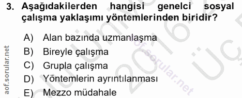 3. soru: Aşağıdakilerden hangisi genelci sosyal çalışma yaklaşımı yöntemlerinden biridir? A) Alan bazında uzmanlaşma Bireyle ç…