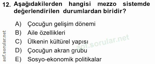 12. soru: Aşağıdakilerden hangisi mezzo sistemde değerlendirilen durumlardan biridir? A) Çocuğun gelişim dönemi B) Aile özellik…