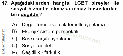 17. soru: Aşağıdakilerden hangisi LGBT bireyler ile sosyal hizmette olmazsa olmaz hususlardan biri değildir? A) Değer temelli v…