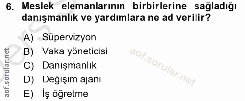 6. soru: Meslek elemanlarının birbirlerine sağladığı danışmanlık ve yardımlara ne ad verilir? A) Süpervizyon B) Vaka yöneticis…