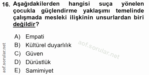 16. soru: Aşağıdakilerden hangisi suça yönelen çocukla güçlendirme yaklaşımı temelinde çalışmada mesleki ilişkinin unsurlardan…