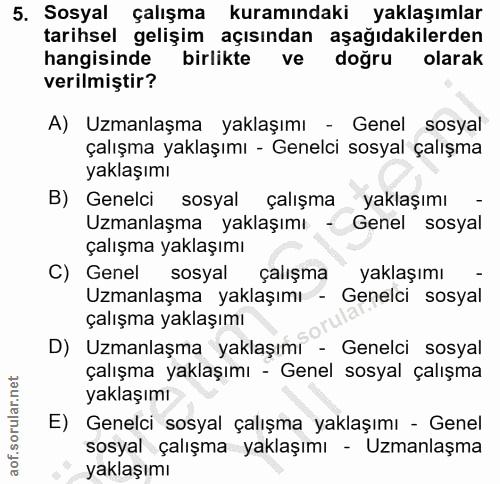 5. soru: Sosyal çalışma kuramındaki yaklaşımlar tarihsel gelişim açısından aşağıdakilerden hangisinde birlikte ve doğru olarak…