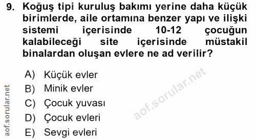9. soru: Koğuş tipi kuruluş bakımı yerine daha küçük birimlerde, aile ortamına benzer yapı ve ilişki sistemi içerisinde 10-12…