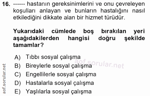 16. soru: ---- hastanın gereksinimlerini ve onu çevreleyen koşulları anlayan ve bunların hastalığını nasıl etkilediğini dikkate…