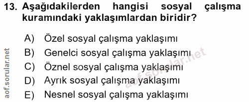 13. soru: Aşağıdakilerden hangisi sosyal çalışma kuramındaki yaklaşımlardan biridir? A) Ozel sosyal çalışma yaklaşımı B) Genelc…