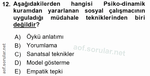 12. soru: Aşağıdakilerden hangisi Psiko-dinamik kuramdan yararlanan sosyal çalışmacının uyguladığı müdahale tekniklerinden biri…