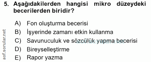 5. soru: Aşağıdakilerden hangisi mikro düzeydeki becerilerden biridir? A) Fon oluşturma becerisi B) İşyerinde zamanı etkin kul…