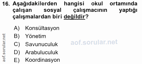 16. soru: Aşağıdakilerden hangisi okul ortamında çalışan sosyal çalışmacının yaptığı çalışmalardan biri değildir? A) Konsültasy…