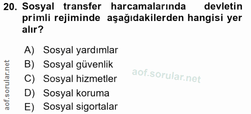 20. soru: Sosyal transfer harcamalarında devletin primli rejiminde aşağıdakilerden hangisi yer alır? A) Sosyal yardımlar B) Sos…