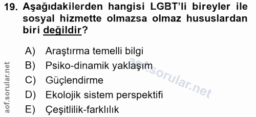 19. soru: Aşağıdakilerden hangisi LGBT'li bireyler ile sosyal hizmette olmazsa olmaz hususlardan biri değildir? A) Araştırma te…