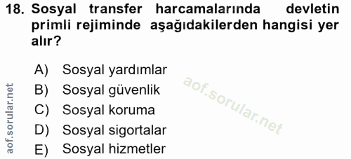 18. soru: Sosyal transfer harcamalarında devletin primli rejiminde aşağıdakilerden hangisi yer alır? A) Sosyal yardımlar B) Sos…