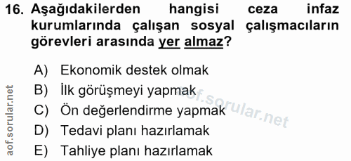 16. soru: Aşağıdakilerden hangisi ceza infaz kurumlarında çalışan sosyal çalışmacıların görevleri arasında yer almaz? A) Ekonom…