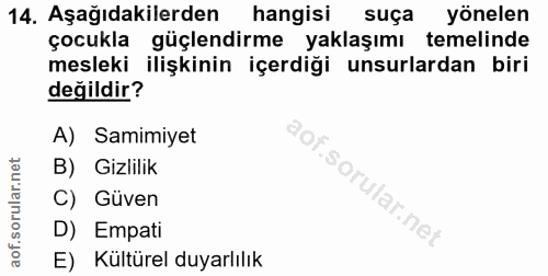 14. soru: Aşağıdakilerden hangisi suça yönelen çocukla güçlendirme yaklaşımı temelinde mesleki ilişkinin içerdiği unsurlardan b…