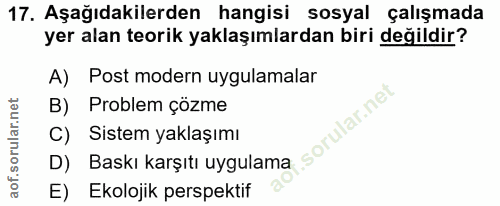 17. soru: Aşağıdakilerden hangisi sosyal çalışmada yer alan teorik yaklaşımlardan biri değildir? A) Post modern uygulamalar B)…