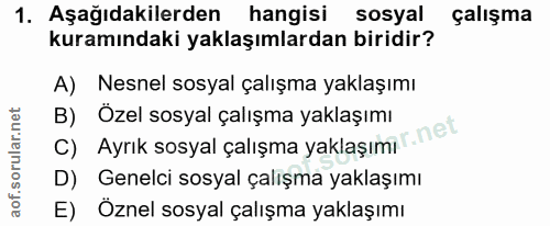 1. soru: Aşağıdakilerden hangisi sosyal çalışma kuramındaki yaklaşımlardan biridir? A) Nesnel sosyal çalışma yaklaşımı B) Özel…