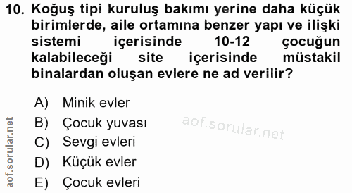 10. soru: Koğuş tipi kuruluş bakımı yerine daha küçük birimlerde, aile ortamına benzer yapı ve ilişki sistemi içerisinde 10-12…