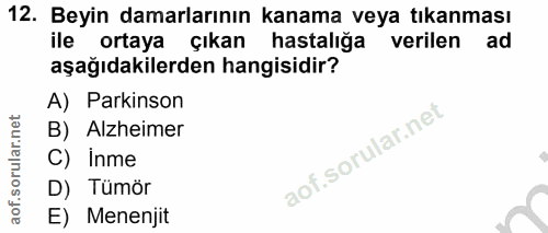 12. soru: Beyin damarlarının kanama veya tıkanması ile ortaya çıkan hastalığa verilen ad aşağıdakilerden hangisidir? A) Parkins…
