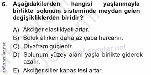 6. soru: Aşağıdakilerden hangisi yaşlanmayla birlikte solunum sisteminde meydan gelen değişikliklerden biridir? A) Akciğer las…