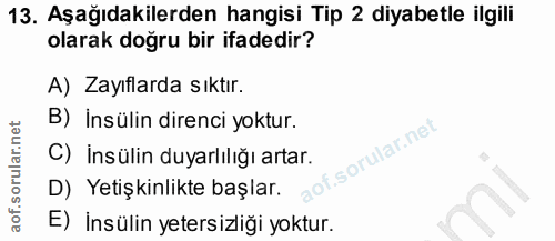 13. soru: Aşağıdakilerden hangisi Tip 2 diyabetle ilgili olarak doğru bir ifadedir? A) Zayıflarda sıktır. B) İnsülin direnci yo…