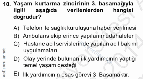 10. soru: Yaşam kurtarma zincirinin 3. basamağıyla ilgili aşağıda verilenlerden hangisi dogrudur? A) Telefon ile sağlık kuruluş…
