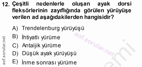 12. soru: Çeşitli nedenlerle oluşan ayak dorsi fleksörlerinin zayıflığında görülen yürüyüşe verilen ad aşağıdakilerden hangisid…