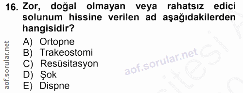 16. soru: Zor, doğal olmayan veya rahatsız edici solunum hissine verilen ad aşağıdakilerden hangisidir? A) Ortopne B) Trakeosto…