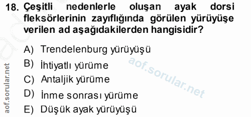18. soru: Çeşitli nedenlerle oluşan ayak dorsi fleksörlerinin zayıflığında görülen yürüyüşe verilen ad aşağıdakilerden hangisid…