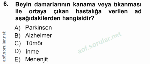 6. soru: Beyin damarlarının kanama veya tıkanması ile ortaya çıkan hastaliga verilen ad aşağıdakilerden hangisidir? A) Parkins…
