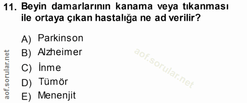 11. soru: Beyin damarlarının kanama veya tıkanması ile ortaya çıkan hastalığa ne ad verilir? A) Parkinson B) Alzheimer C) Inme…