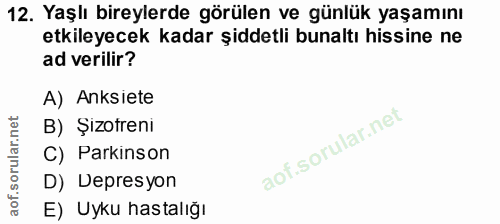 12. soru: Yaşlı bireylerde görülen ve günlük yaşamını etkileyecek kadar şiddetli bunaltı hissine ne ad verilir? A) Anksiete B)…