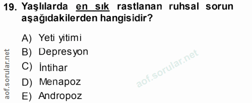 19. soru: Yaşlılarda en sık rastlanan ruhsal sorun aşağıdakilerden hangisidir? A) Yeti yitimi B) Depresyon C) İntihar D) Menapo…