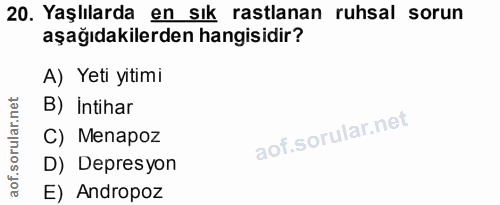 20. soru: Yaşlılarda en sık rastlanan ruhsal sorun aşağıdakilerden hangisidir? A) Yeti yitimi B) Intihar C) Menapoz D) Depresyo…