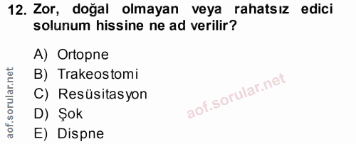 12. soru: Zor, doğal olmayan veya rahatsız edici solunum hissine ne ad verilir? A) Ortopne B) Trakeostomi C) Resüsitasyon D) Şo…