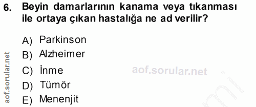 6. soru: Beyin damarlarının kanama veya tıkanması ile ortaya çıkan hastalığa ne ad verilir? A) Parkinson B) Alzheimer C) Inme…