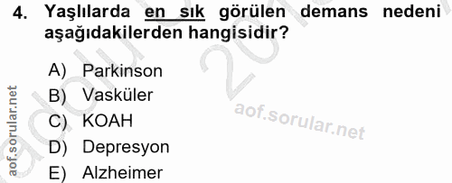 4. soru: Yaşlılarda en sık görülen demans nedeni aşağıdakilerden hangisidir? A) Parkinson B) Vasküler C). KOAH D) Depresyon E)…