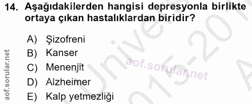 14. soru: Aşağıdakilerden hangisi depresyonla birlikte ortaya çıkan hastalıklardan biridir? A) Şizofreni B) Kanser C) Menenjit…
